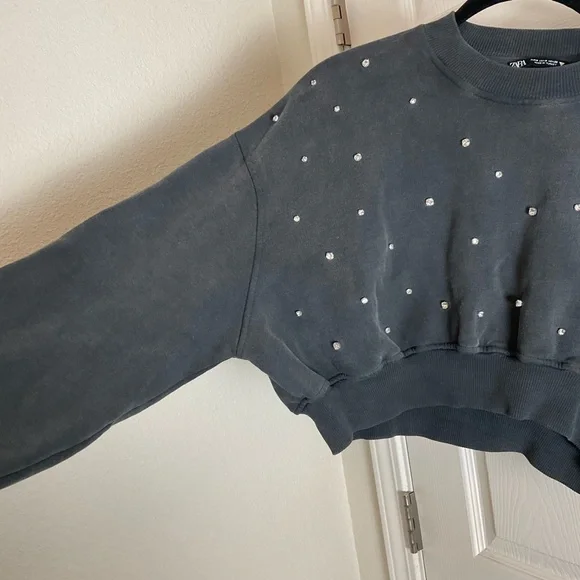 Zara Gray Cropped Jewel Studded Sweatshirt with Rhinestones Size small - Picture 8 of 11